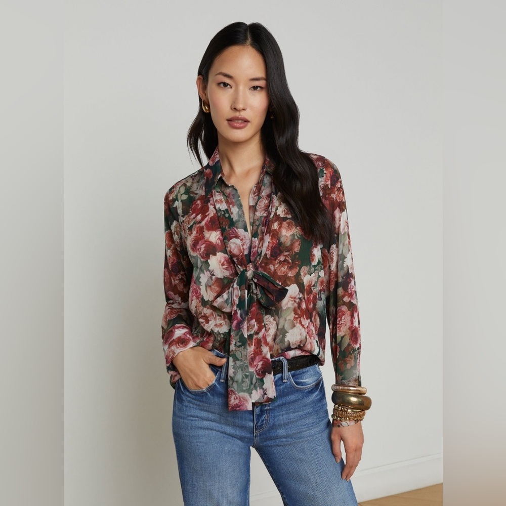 NWT L'agence Basil Floral Long Sleeve Shirt with Scarf - Picture 2 of 7